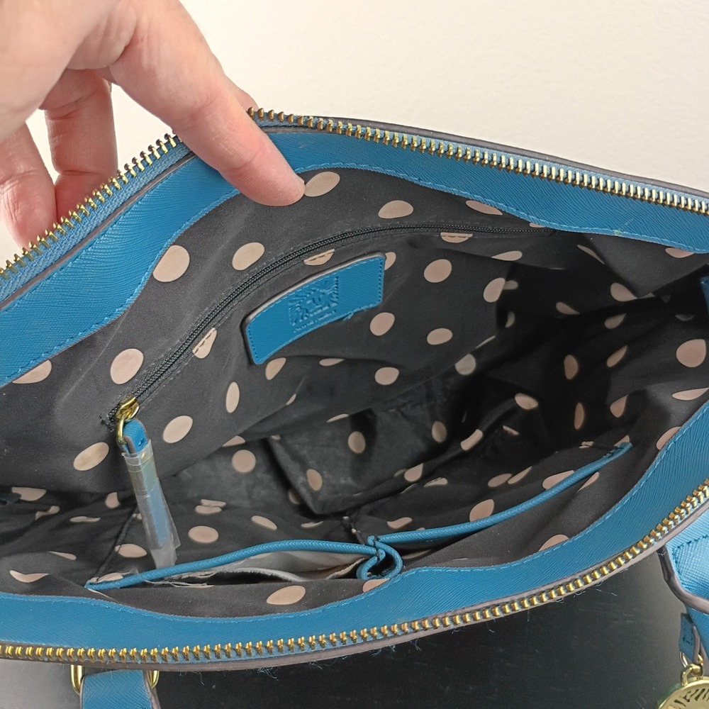Anne Klein Blue Saffiano Satchel Handbag Gold Hardware Polka Dot Lining - Picture 4 of 11